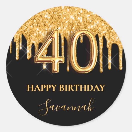 Sticker Rond 40e anniversaire parties scintillant en or noir ba (Devant)