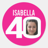 Sticker Rond 40e anniversaire rose blanc personnalisé nom faveu (Devant)