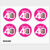 Sticker Rond 40e anniversaire rose blanc personnalisé nom faveu (Feuille)