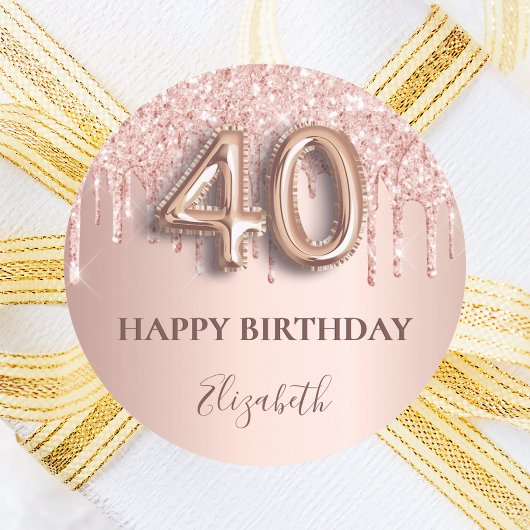 Sticker Rond 40e anniversaire rose gouttes rose or