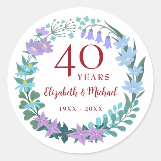 Sticker Rond 40e anniversaire Ruby Floral Bluebells Wreath (Devant)