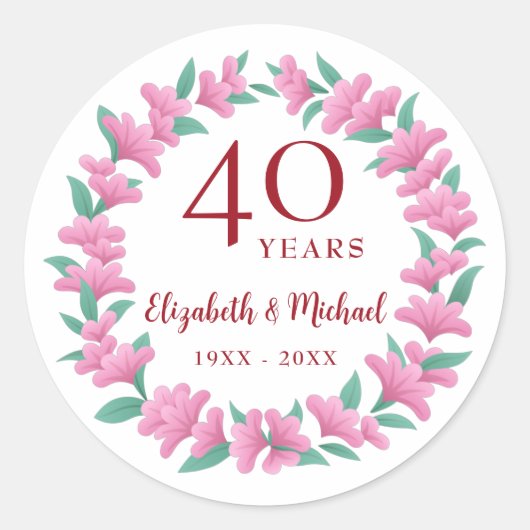 Sticker Rond 40e anniversaire Ruby Pink Green Floral Wreath (Devant)