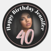 Sticker Rond 40e anniversaire script photo rose rose nom person (Devant)
