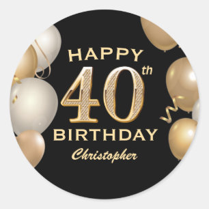 Sticker Rond 40e fête d'anniversaire Ballons noirs et or
