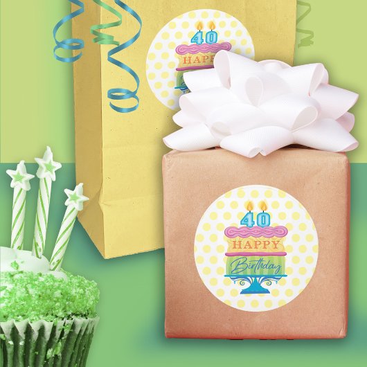 Sticker Rond 40e joyeux gâteau d'anniversaire Chiens jaunes