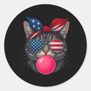 Sticker Rond 4 juillet Chat Bubblegum Patriotique Chat Sungles 