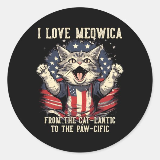 Sticker Rond 4 Juillet Chat I Love Meowica Patriotic Happy Chat (Devant)