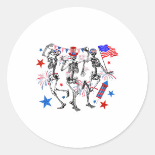 Sticker Rond 4 juillet Dancing Skeletos Usa Drapeau Feu d'artif