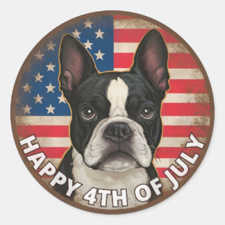 Sticker Rond 4 juillet Fête de l'Indépendance Boston Terrier Ci