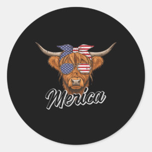 Sticker Rond 4 juillet Highland Cow Merica American Farm Men