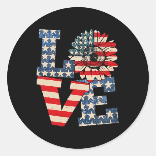 Sticker Rond 4 juillet Love Sunflower Patriotique drapeau améri (Devant)
