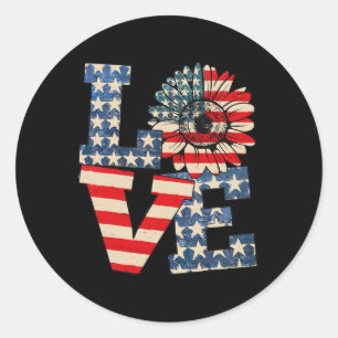 Sticker Rond 4 juillet Love Sunflower Patriotique drapeau améri