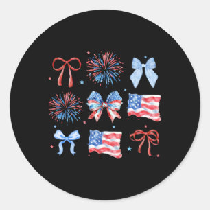 Sticker Rond 4 juillet Rouge Blanc Bleu Coquette Bow Fireworks