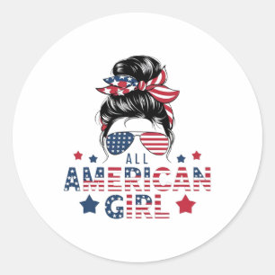 Sticker Rond 4 juillet toutes les filles américaines Messy Bun