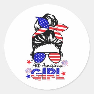 Sticker Rond 4 juillet toutes les filles américaines Messy Bun