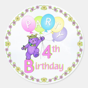 Sticker Rond 4e anniversaire Ours Princesse Ballons