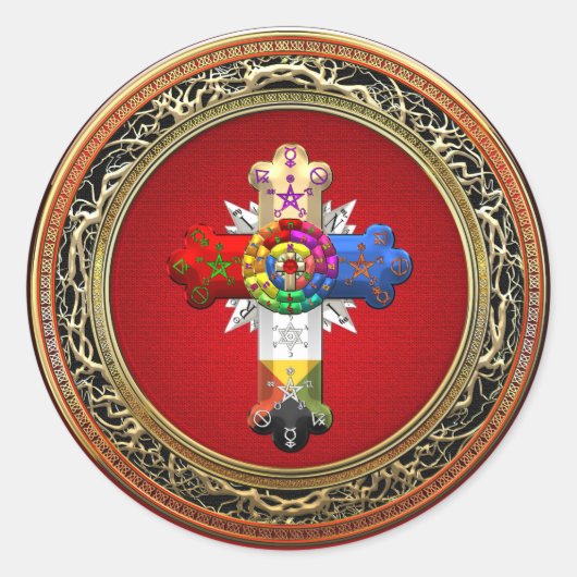 Sticker Rond [500] Rosy Cross (Croix Rose) sur Red & Gold (Devant)