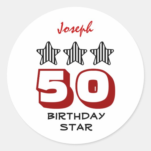 Sticker Rond 50 Cadeaux d'anniversaire ou TOUT ÂGE Étoiles rayé (Devant)