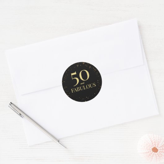 Sticker Rond 50 et fabuleux Elegant Black Gold Confetti (Enveloppe)