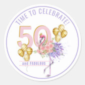 Sticker Rond 50 et fabuleux Flamant rose floral rose (Devant)