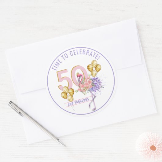 Sticker Rond 50 et fabuleux Flamant rose floral rose (Enveloppe)