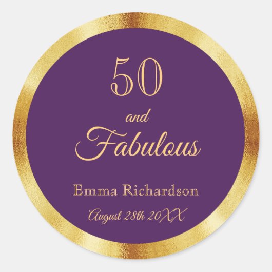 Sticker Rond 50 et fabuleux nom d'or violet (Devant)