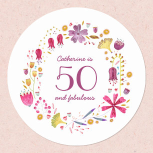 Sticker Rond 50 et Fabulous Aquarelle Nom floral Anniversaire