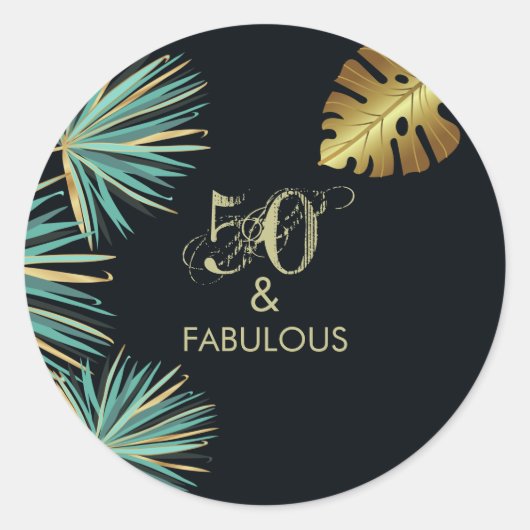 Sticker Rond 50 et Fabulous Green Gold Feuilles fête d'annivers (Devant)