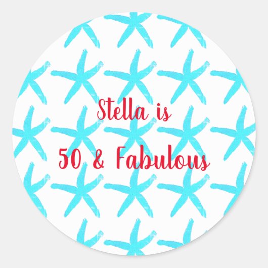 Sticker Rond 50 & Fabuleux Anniversaire Blue Starfish Motif Coo (Devant)