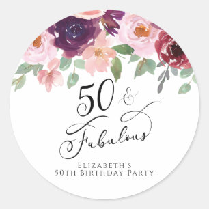 Sticker Rond 50 Fabuleux Anniversaire Bourgogne rose Floral