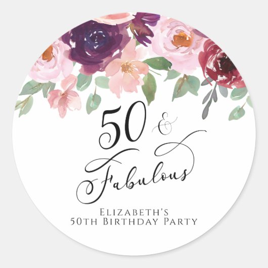 Sticker Rond 50 Fabuleux Anniversaire Bourgogne rose Floral (Devant)