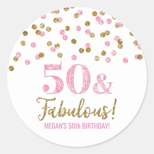 Sticker Rond 50 & Fabuleux Anniversaire Pink Gold Confetti (Devant)