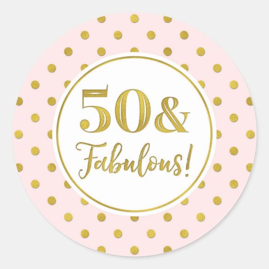 Sticker Rond 50 & Fabuleux Birthday Pink White Gold Dots Classe (Devant)