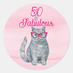 Sticker Rond 50 & Fabulous Chat, rose et gris, 50e anniversaire