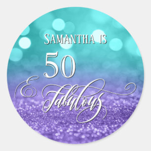 Sticker Rond 50 & Fabulous Script Sparkling Turquoise Purple Om
