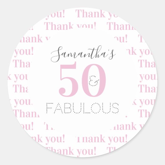 Sticker Rond 50e anniversaire 50 fabuleux Merci rose moderne (Devant)