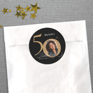 Sticker Rond 50e Anniversaire Calligraphie Or Black Elegant Pho