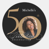 Sticker Rond 50e Anniversaire Calligraphie Or Black Elegant Pho (Devant)
