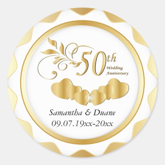 Sticker Rond 50e Anniversaire De L Mariage Gold Heart Texte Do Zazzle Be