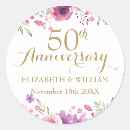 Sticker Rond 50e Anniversaire de Mariage Aquarelle Floral (Devant)