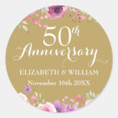 Sticker Rond 50e anniversaire de Mariage d'or Roses d'aquarelle (Devant)