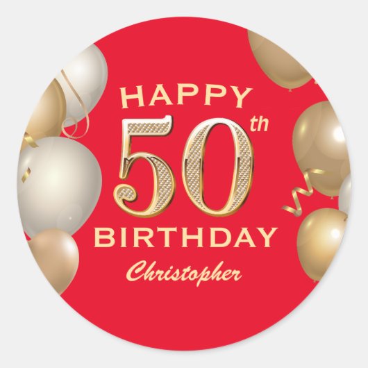 Sticker Rond 50e Anniversaire des Ballons Rouge et Or (Devant)