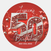 Sticker Rond 50e anniversaire élégant scintillant rouge et arge (Devant)