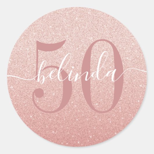 Sticker Rond 50e anniversaire fille Rose or bleu rose Monogramm (Devant)