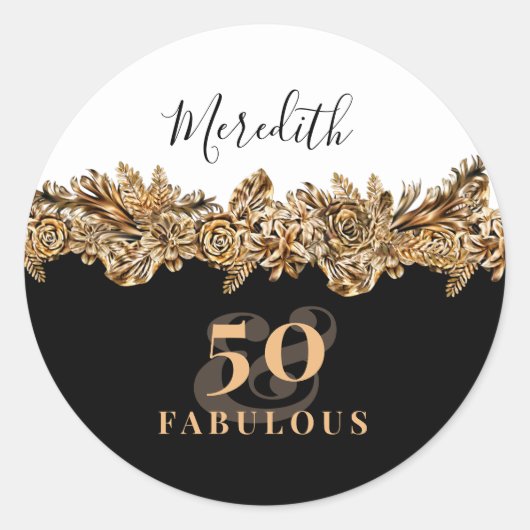 Sticker Rond 50e anniversaire Luxe Golden Flowers élégant Class (Devant)