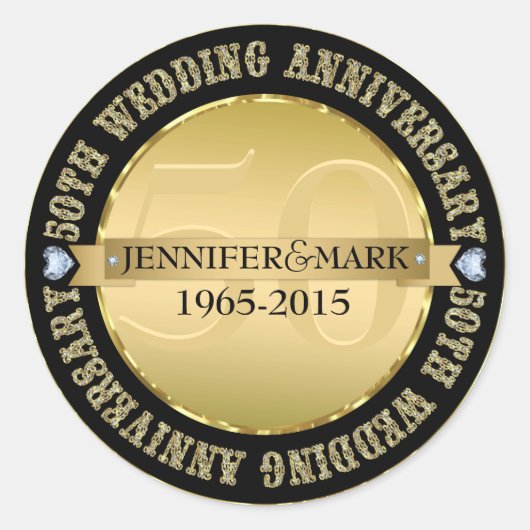 Sticker Rond 50E Anniversaire Mariage Métallic Or & Noir (Devant)