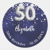 Sticker Rond 50e anniversaire marine bleu argent étoiles (Devant)