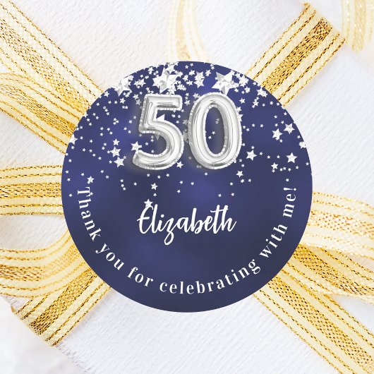 Sticker Rond 50e anniversaire marine bleu argent étoiles
