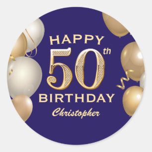 Sticker Rond 50e Anniversaire Marine Bleu et Ballons d'or