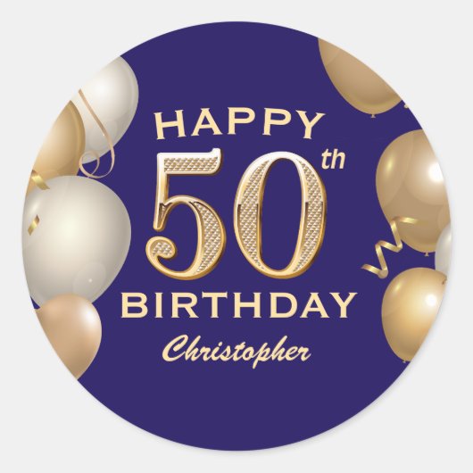 Sticker Rond 50e Anniversaire Marine Bleu et Ballons d'or (Devant)